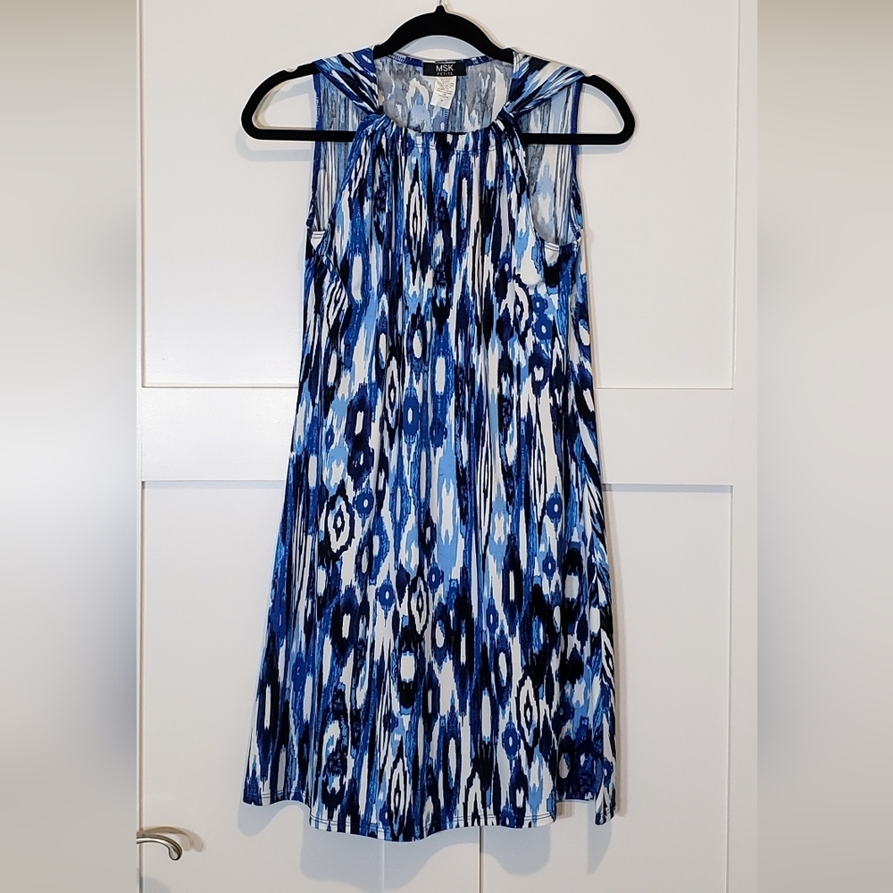 MSK Dress Petite Small Midi Sleeveless Stretch Flare Out Blue White Black